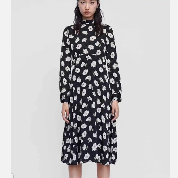 NWT - Zara - Floral Print Midi Dress - Mock Neck Collar - Picture 3 of 12